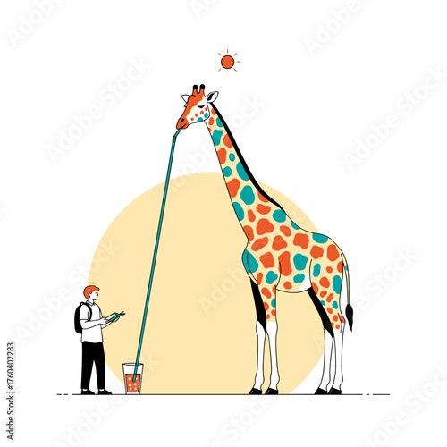 Creative person filling a very long straw with liquid for a thirsty giraffe.