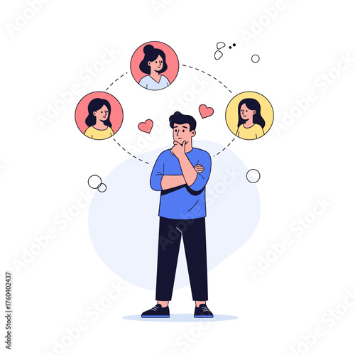 A young man ponders his romantic choices surrounded by three potential partners.