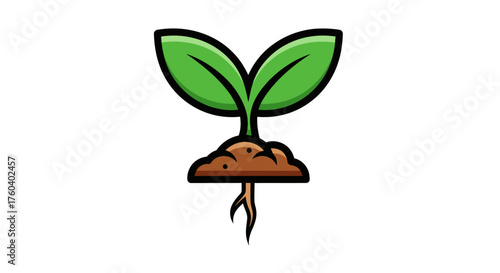 Vibrant green seedling emerging from rich brown soil with visible roots.