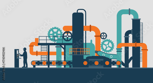Industrial automation concept Worker silhouette controlling complex factory machinery and pipes