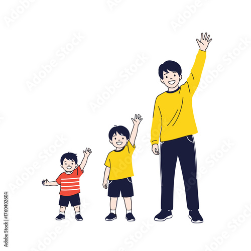 Illustration of three males of increasing height waving their hands as they grow.