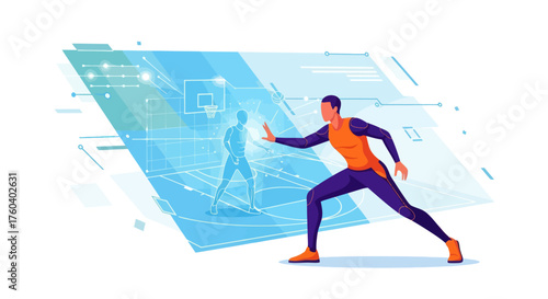 Athlete Interacting with Futuristic Digital Holographic Display.