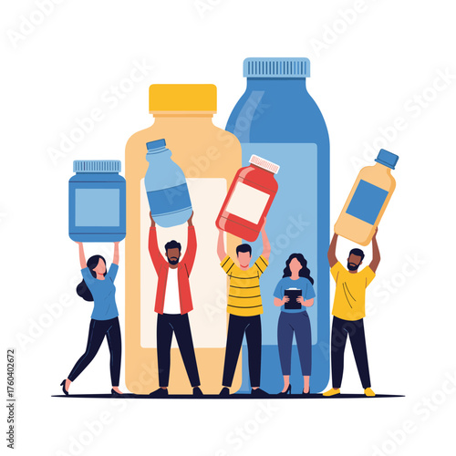 A diverse group of people holding up various containers and bottles signifying health and wellness products.