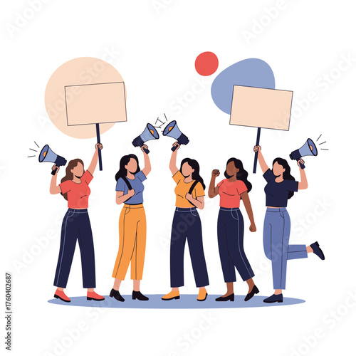 A diverse group of women raising their voices in solidarity holding signs and megaphones at a rally.
