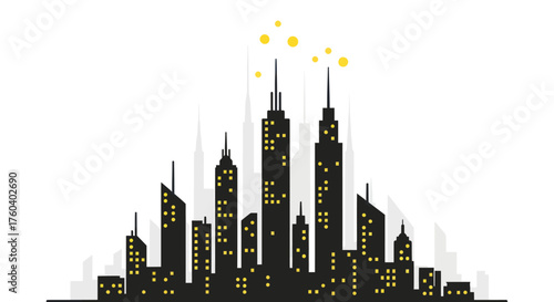 Silhouette of a Cityscape with Glowing Lights and Tall Buildings.