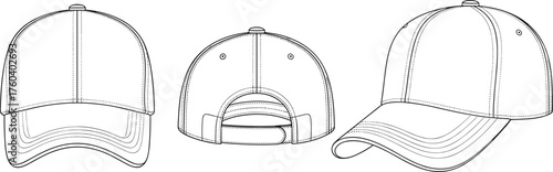 Baseball cap vector, curved brim hat, adjustable strap design, fashion flat sketch, apparel CAD drawing, clothing technical illustration, headwear construction template