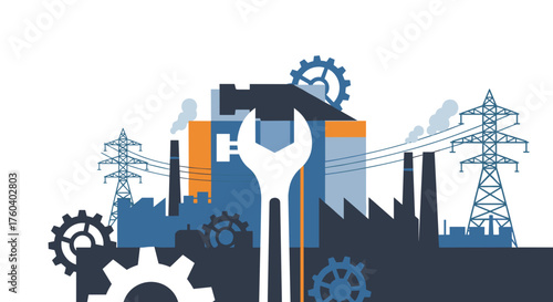 Factory and power plant illustration with wrench and gears symbolizing industrial maintenance and engineering