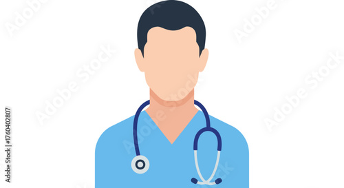 Professional Male Doctor Wearing Blue Scrubs and Stethoscope.