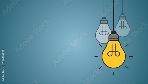 Hanging light bulbs with one glowing on blue background. Concept of idea