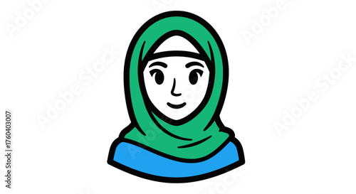 Cartoon illustration of a smiling woman wearing a green hijab and blue garment.