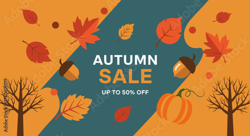 Autumn Sale 50 Off vector banner design with colorful falling leaves pumpkin and tree graphics