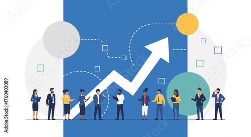 Diverse business team collaborating on strategy achieving success with a strong upward growth arrow