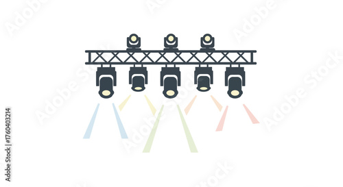 Stage Lighting Truss with Five Spotlights Emitting Colored Beams.