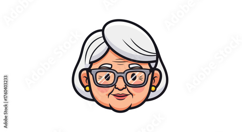 Cartoon Illustration of a Smiling Elderly Womans Head with White Hair and Glasses.