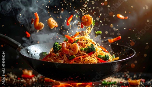 High-energy levitating shot of noodles, shrimp, and vegetables being tossed in a wok over fire.