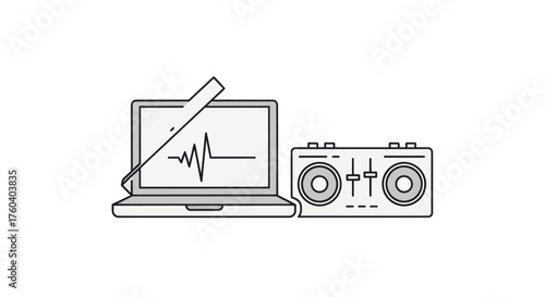 Digital DJ setup with laptop and audio mixer.