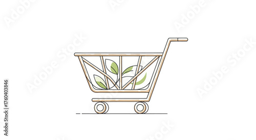 Eco-friendly Shopping Cart with Green Leaves Symbolizing Sustainable Consumption.