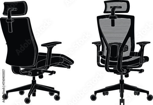 Silhouettes of ergonomic office chair rear and side views, black vector illustration for furniture design, comfort, and workplace themes