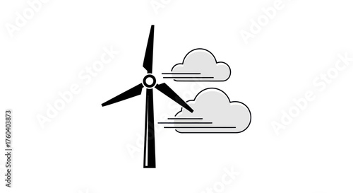Simple black and white icon of a wind turbine with windy clouds representing renewable energy.