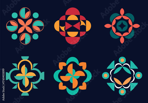 Set of six colorful, abstract geometric patterns and mandala designs in a modern flat style, perfect for textile prints, backgrounds, and decorative elements.