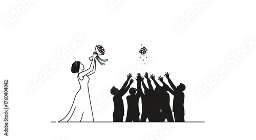 Bride throws bouquet to eager crowd at wedding celebration.