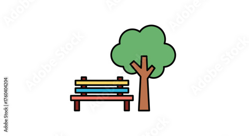 Colorful park bench next to a stylized green tree.
