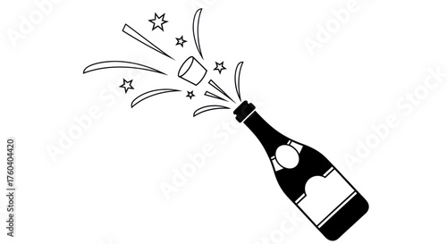 Black and White Champagne Bottle Popping with Stars.