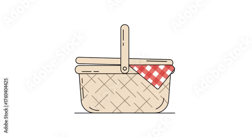 Woven Picnic Basket with Red Checkered Cloth Illustration.