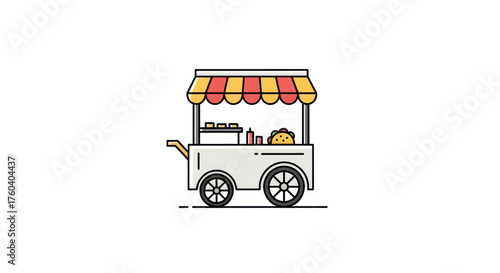 Colorful Food Cart with Striped Awning and Displayed Snacks.