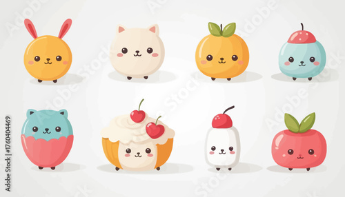 set of funny cartoon fruits and cute tools, icon, vector, set, icons, web, symbol, design, illustration, sign, flat