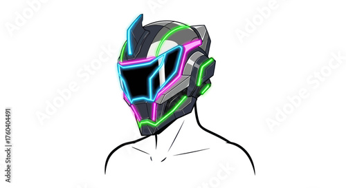 Futuristic sci-fi helmet with glowing neon trim in vibrant blue green and pink.