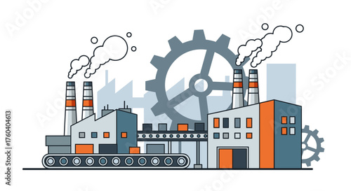 Industrial complex flat illustration factory production line gears and smoke