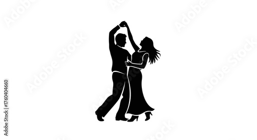 Black Silhouette of Dancing Couple in Elegant Ballroom Pose.
