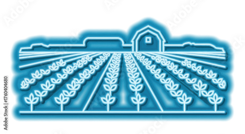 Neon blue outline of a farm with rows of crops and a barn.
