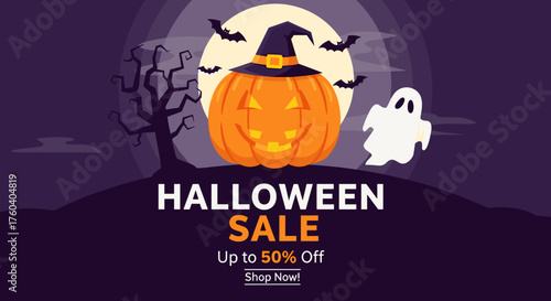 Halloween Sale promotion illustration Pumpkin in witch hat ghost and bats