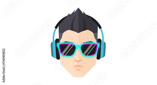 Vector illustration of a cool mans head with spiky hair wearing cyan headphones and sunglasses.