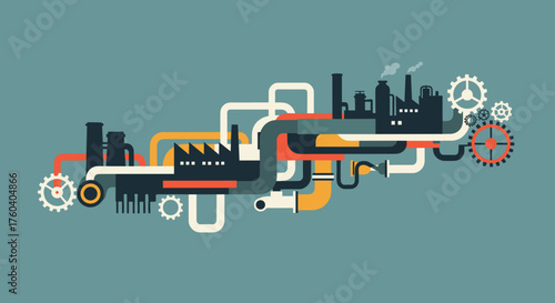 Retrostyle illustration of an interconnected industrial factory system with pipes and cogs