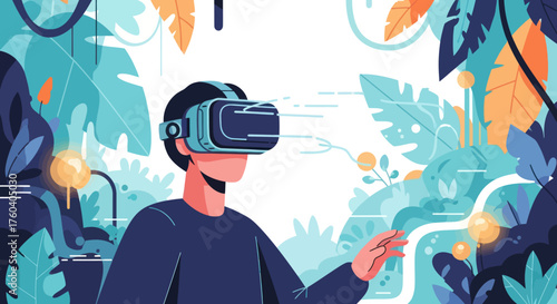 Person wearing VR headset exploring vibrant virtual reality jungle environment.