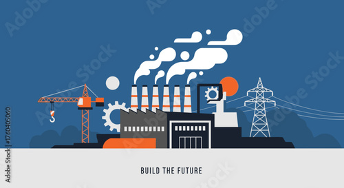 Industrial landscape illustration with factory smokestacks crane and energy pylon