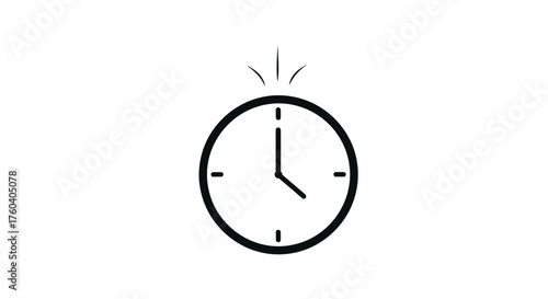Simple Black and White Clock Icon with Alarm Symbol.