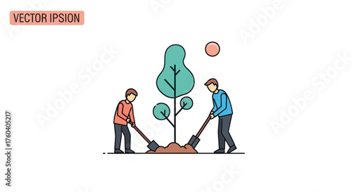 Two people working together to plant a young tree a simple vector line art illustration.