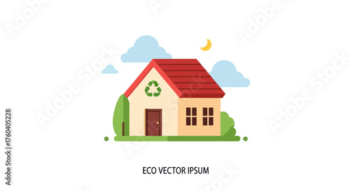 Charming Eco-Friendly House with Greenery and Recycling Symbol.