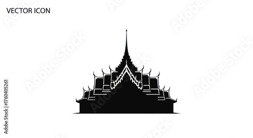 Traditional Thai Temple Silhouette Vector Icon with Tiered Roofs.