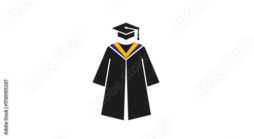 Black academic graduation gown and mortarboard cap with a colorful stole.
