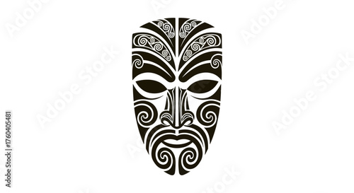 Stylized Black and White Tribal Mask with Intricate Polynesian-Inspired Patterns and Swirls.