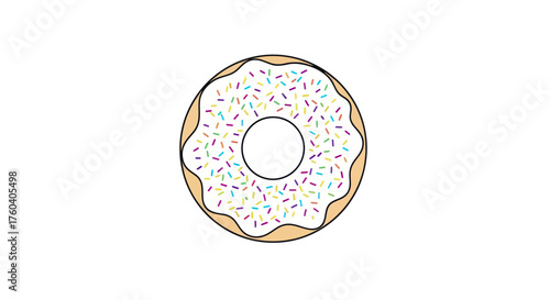 A delicious white frosted donut with colorful sprinkles and a golden brown crust.