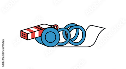 Blue Whistle Blowing Sound Waves with Striped Lanyard Simple Illustration.