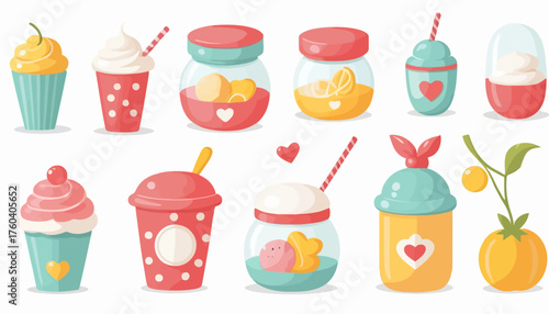 set of funny cartoon fruits and cute tools, icon, vector, set, icons, web, symbol, design, illustration, sign, flat