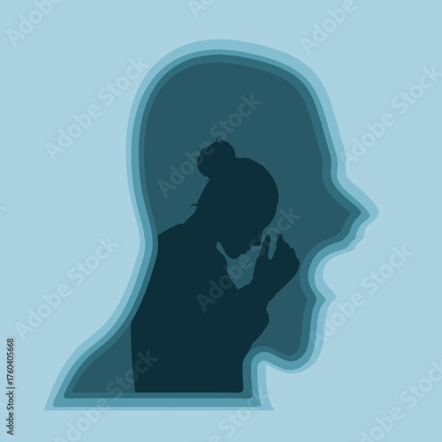 Abused young woman trying to hide. Stop violence against women. Family scandal, domestic violence and abuse. Crying woman harassed by her partner. Aggressive husband blaming and threatening his wife.