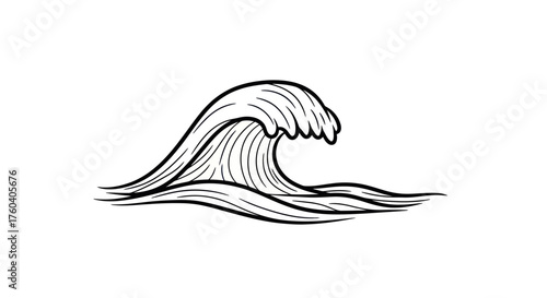 A stylized black and white ocean wave illustration in a vintage hand-drawn woodcut style.